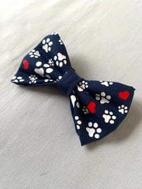 Image 3 of Personalised Valentine Dog Bow - Handmade Red or Navy Bow with Paw Prints and Hearts Design