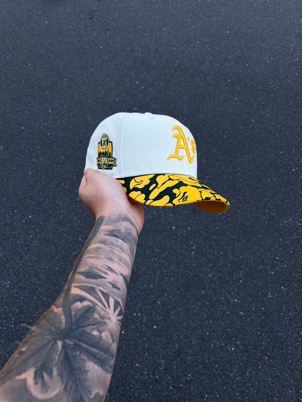 Image of YELLOW BRIM OFF WHITE  OAKLAND ATHLETICS CUSTOM FITTED CAP