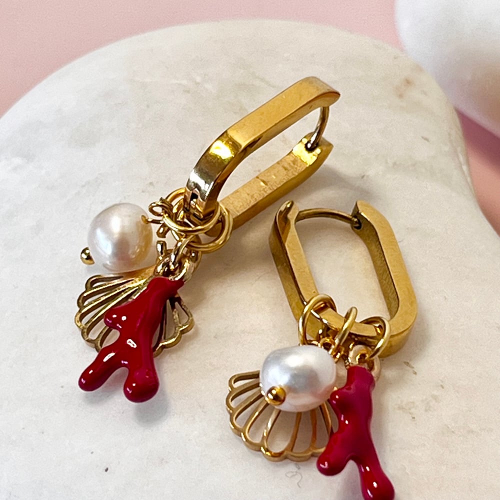 Image of Triple Charm Oval  Huggie Hoops (larger) - coral, pearl and shell