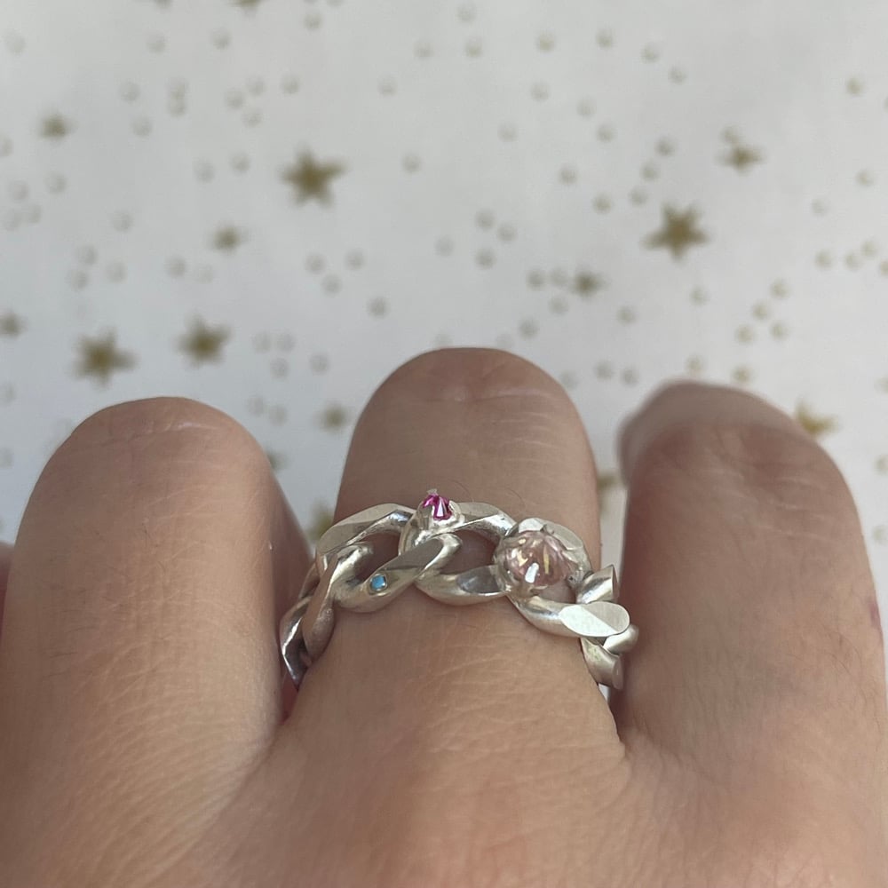 Image of pink tourmaline and chain ring