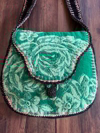 Image 2 of Artisan Crochet Vintage Fabric Purse Green Rose