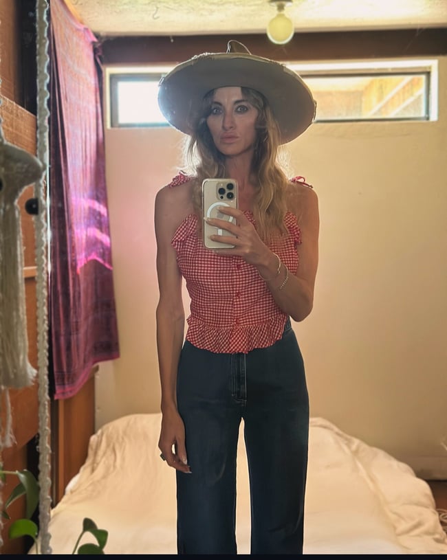 70s gingham shoulder tie top