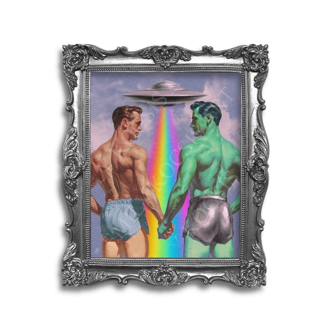 Retro Art Print // 'The Gayliens Are Here' Gay UFO Alien Romance Art Men’s Edition