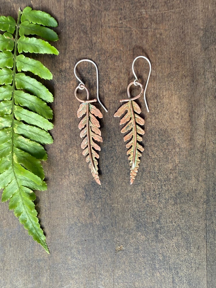 Image of Green Patina Copper Autumn Fern Dangle Earrings