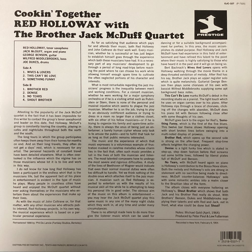 Red Holloway With The Brother Jack McDuff Quartet - Cookin' Together