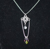Image 2 of Chainmail diamond pendant with green glass star, crystal quartz and garnet on box chain 