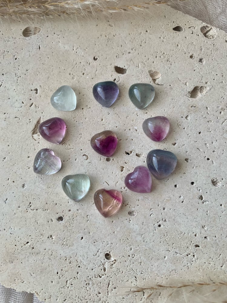 Image of Mini Rainbow Fluorite Heart Carvings (intuitively selected)