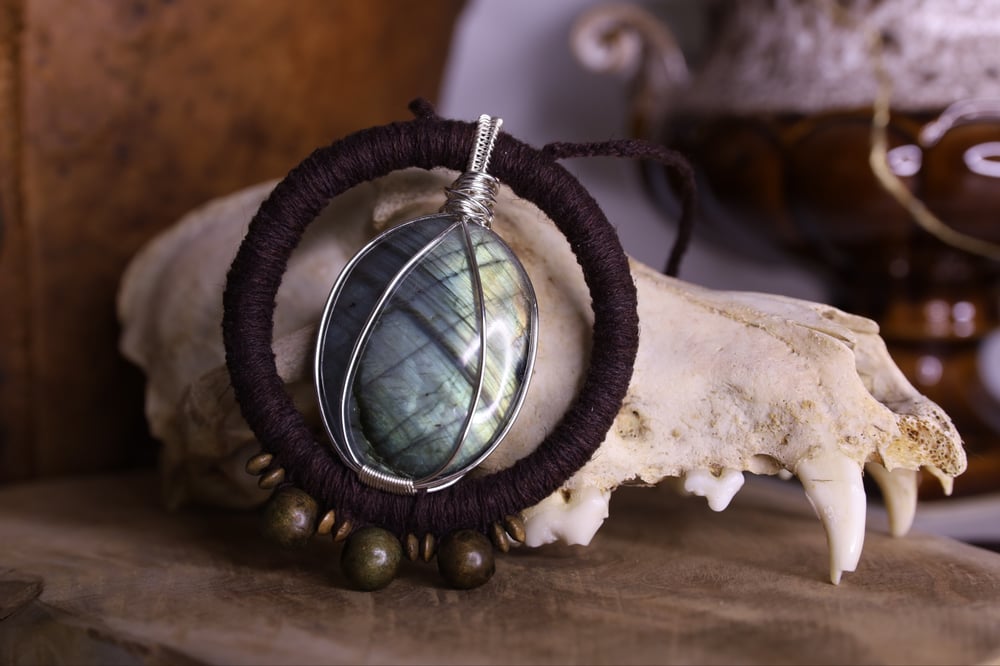 Image of Brown hemp cord labradorite necklace