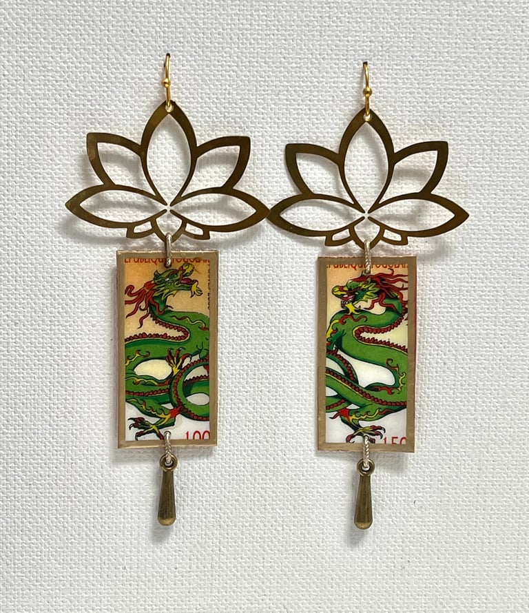 Togolese Dragon Stamp and Lotus Earrings