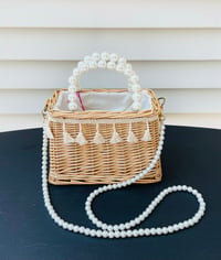 Image 1 of  Woven straw box purse with Pearl handles and fringe trim 