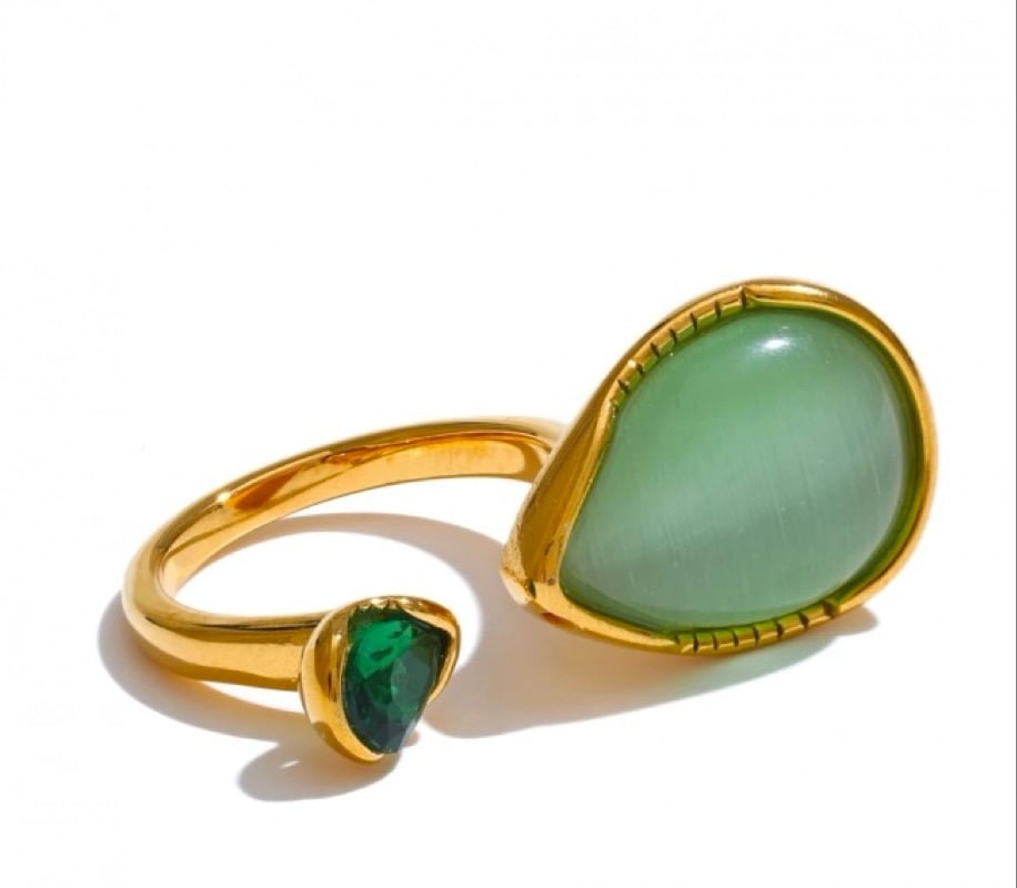 Image of LEYA Natural Green Stone and Cubic Zirconia 18ct Gold Statement Ring 