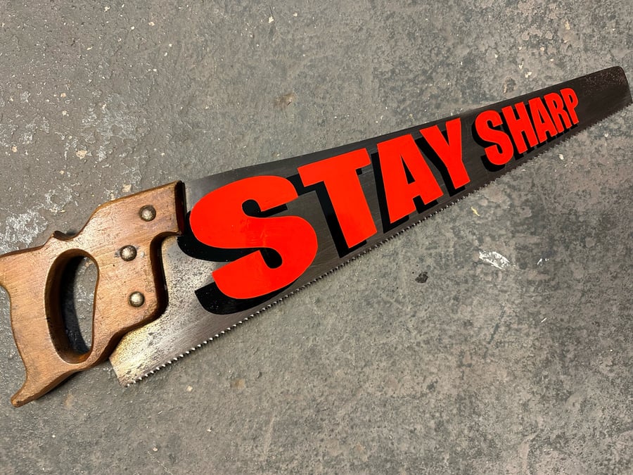 Image of Hand Painted Vintage Saw Stay Sharp Red