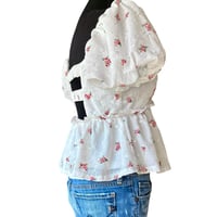 Image 4 of Boho Festival White Rose Floral Eyelet Overlay Babydoll Top with Puff Sleeve - Size M - Trixxi