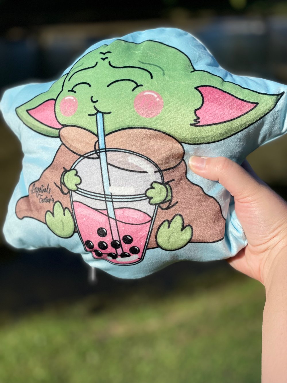 Image of Baby Alien Drinking Boba Plush Pillow & Acrylic Keychain