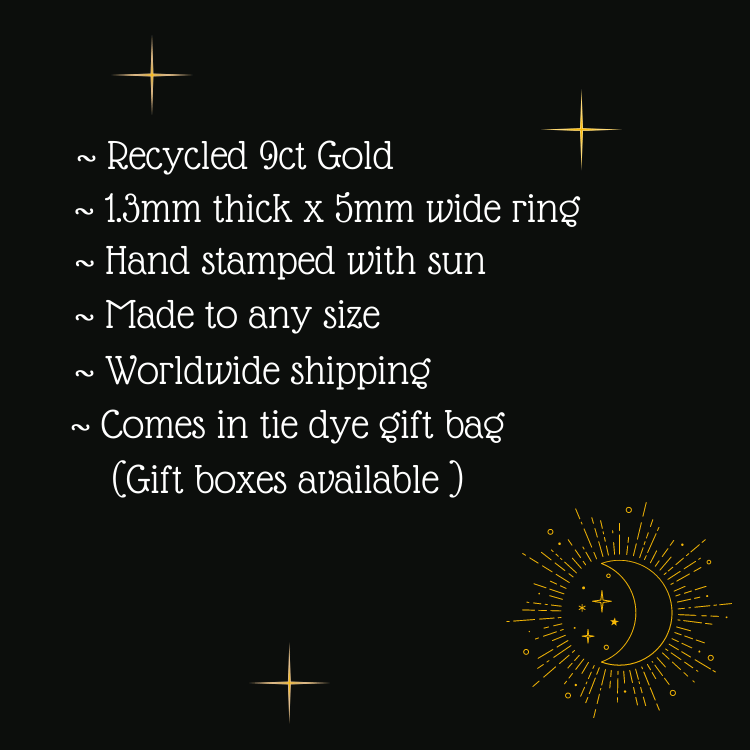 Celestial 9ct gold wedding ring with sun stamp detail. Cosmic sun gold wedding band stamped