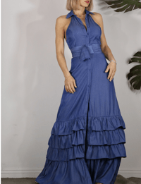 Image 1 of All Right Now Denim Blue Halter Neck Button Down Ruffle Long Dress