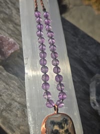 Image 4 of Electroformed Moss Agate and Amethyst knotted necklace