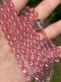 Image 4 of Pink Topaz Mala with Gem Kunzite Guru Bead, Pink Topaz 108 Bead Hand Knotted Gemstone Necklace