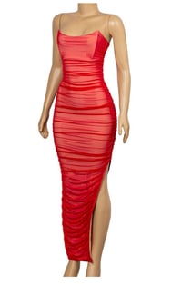 Image 1 of SLEEVELESS CORSET RUCHED MESH MAXI DRESS