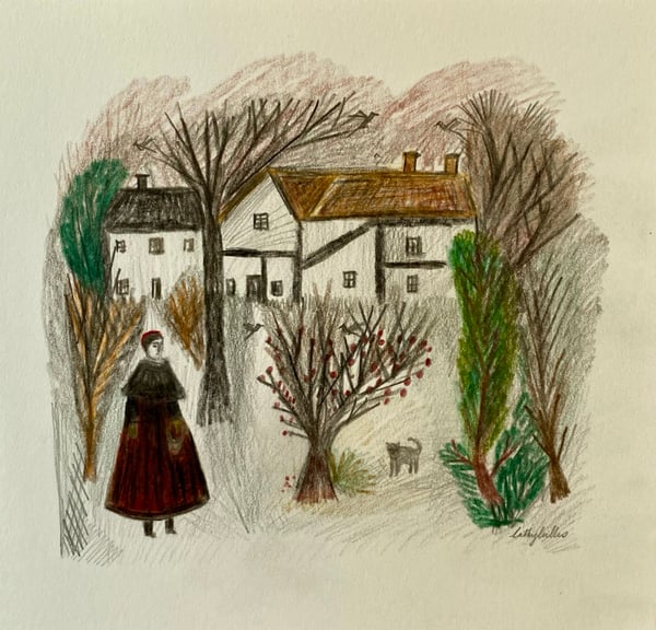 Image of Woman by houses with cat visitor - original drawing