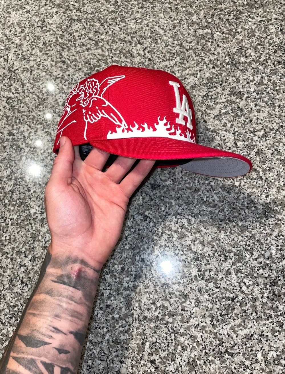 Image of RED ANGELIC FLAME LA DODGERS CUSTOM FITTED CAP 