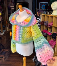 Image 4 of WHIMSY - Hooded crop top jumper flared bell sleeve - handmade crochet - acrylic - pastel rainbow