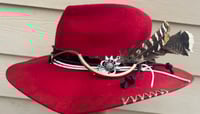 Image 2 of Handmade Red Torch Burned Fedora Hat Band Red Layered & Feathers