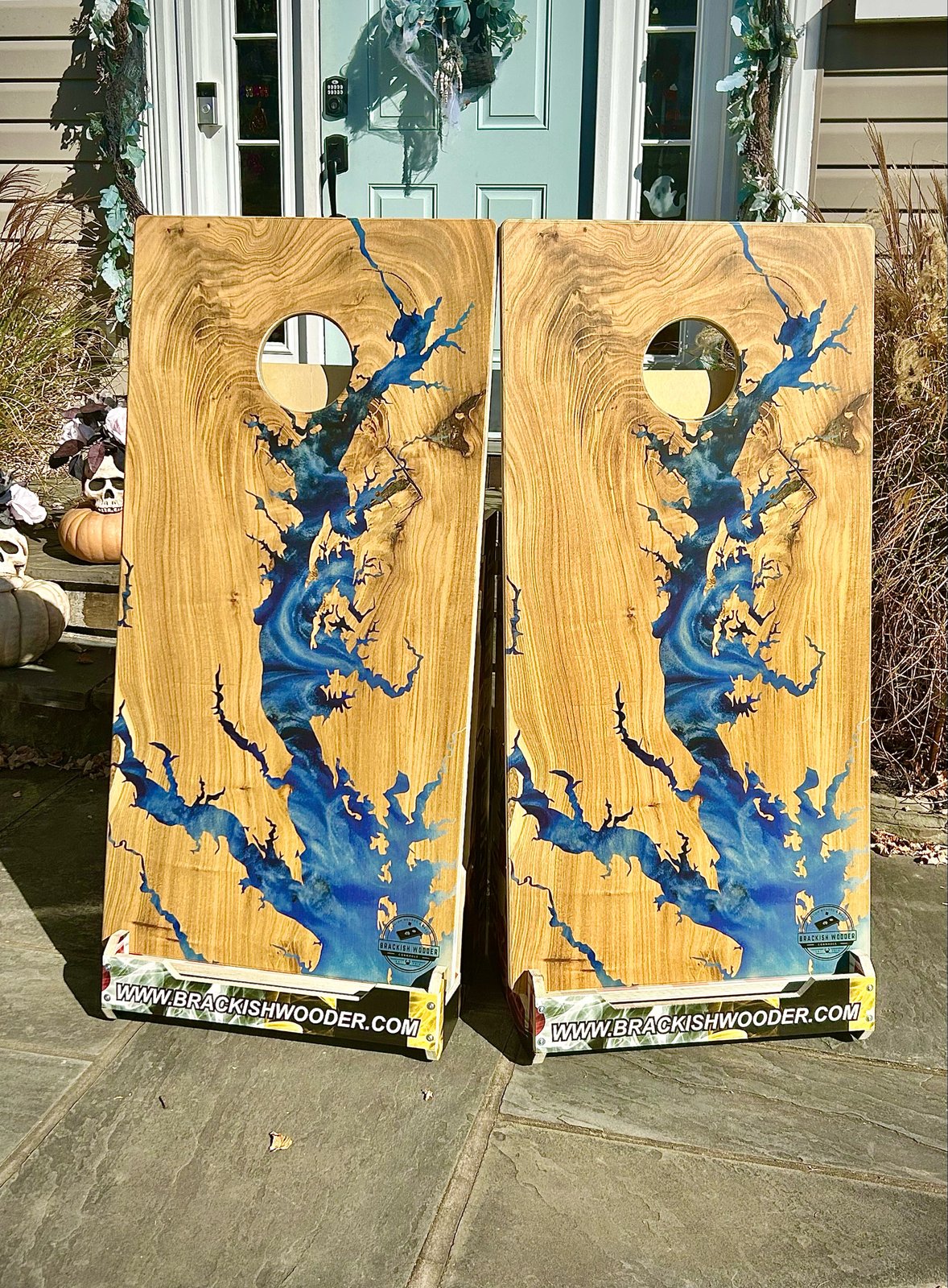Brackish Wooder Cornhole Boards - Chesapeake Bay Epoxy on Olive