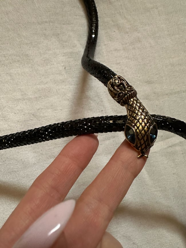 70s black mesh snake necklace or belt w blue gemstone eyes