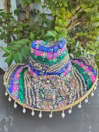 Image 1 of Dolly cowboy hat - recycled sari fabric green pink blue