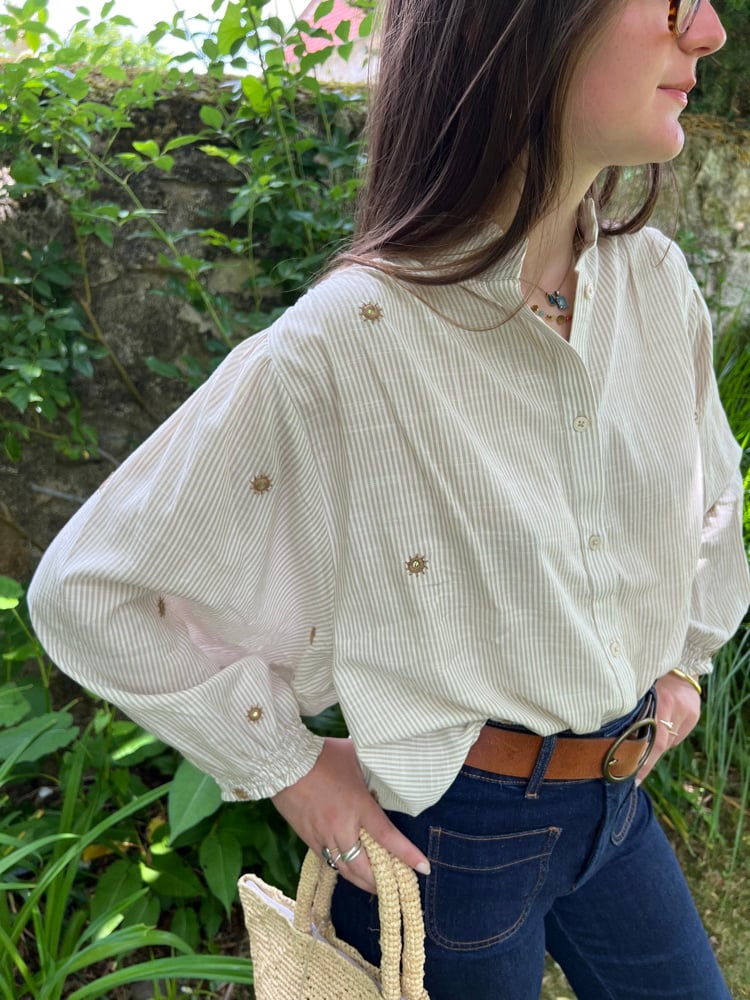 Image of Blouse Bohème rayé Beige & Blanc / Brodé T.U.