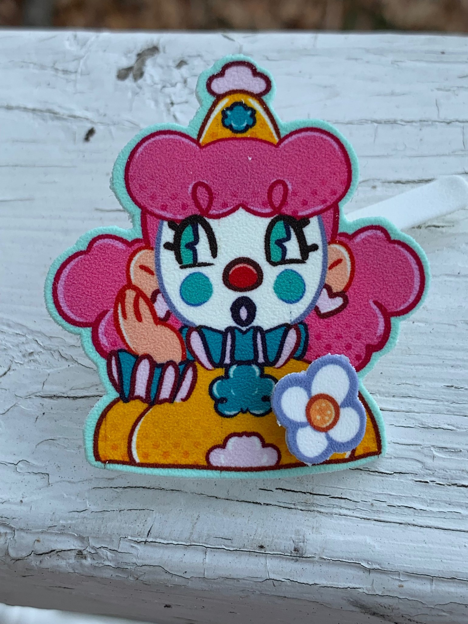 Image of Cute clown flower spin Shrinky dink pin