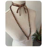 Image 4 of The Ariella Necklace - Faceted Earthy Rainbow Jaspers Clear Quartz and Chestnut Brown Leather