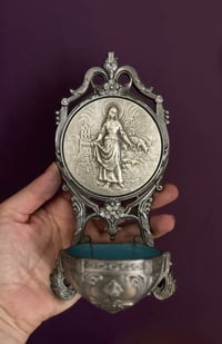 Image 1 of Petit benitier en etain et argent, Art Nouveau 1910, signé Ruffony