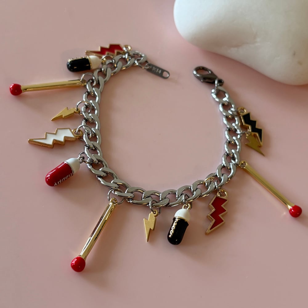 Image of One of a kind Charm Bracelet - match sticks, happy pills, lightning bolts