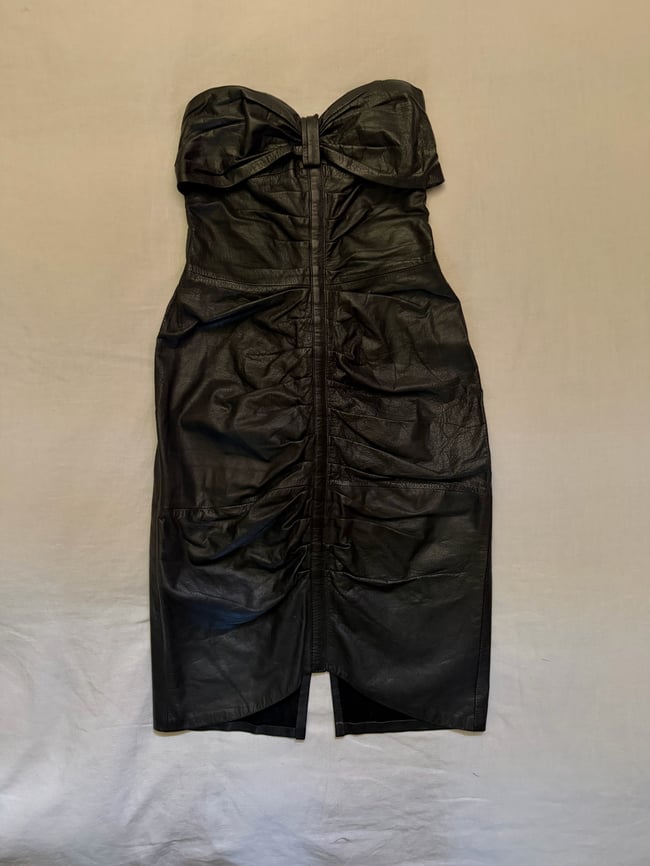 70s leather strapless ruched rock and roll dress