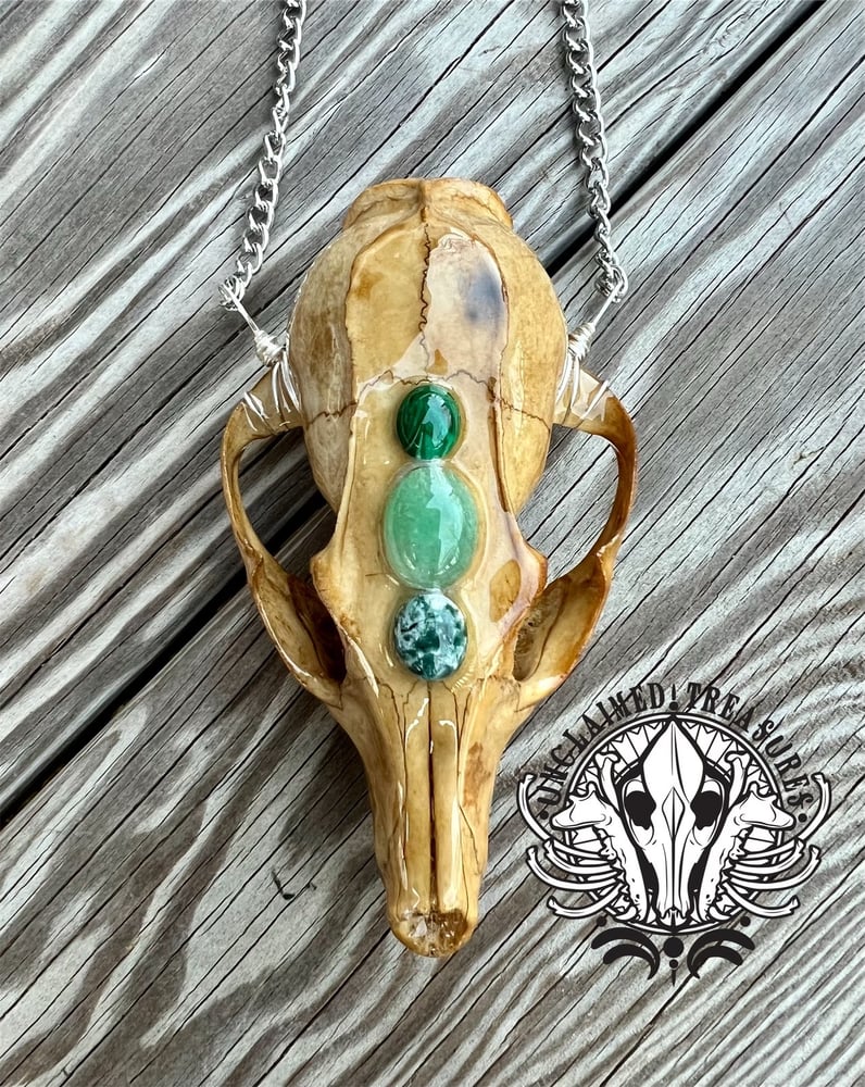 Image of Tea-Stained Fox Skull Statement Necklace with Malachite, Green Onyx, & Tree Agate adornments