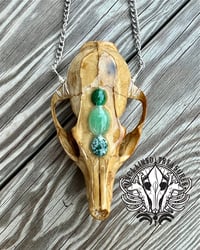 Image 1 of Tea-Stained Fox Skull Statement Necklace with Malachite, Green Onyx, & Tree Agate adornments