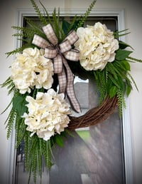 Image 1 of Cream Hydrangea Grapevine Wreath with Greenery and Gingham Bow