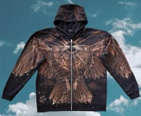 Image 1 of “TWO HEADED RAVEN” CUSTOM BLEACH PAINTED ZIP UP HOODIE XL