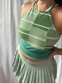Image 2 of green patchwork stripes apron adult M/L medium large halter adjustable tie courtneycourtney crop top