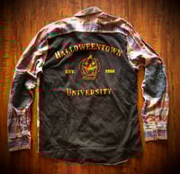 Upcycled “Halloweentown University” t-shirt flannel