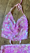 Heavily embellished Disc sequin Pink mesh halterneck cowl tie top