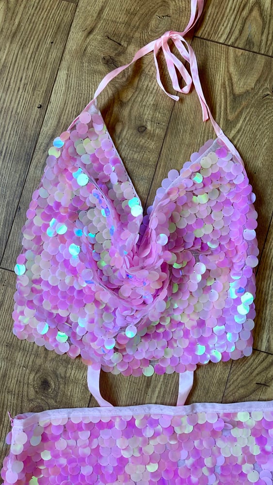 Heavily embellished Disc sequin Pink mesh halterneck cowl tie top