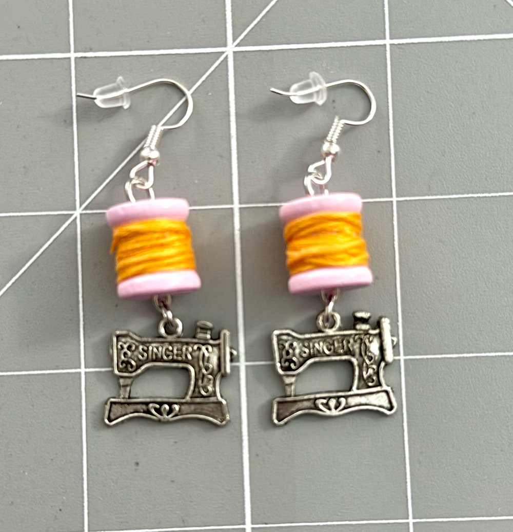 Image of Mini Thread Spool Sewing Machine Earrings
