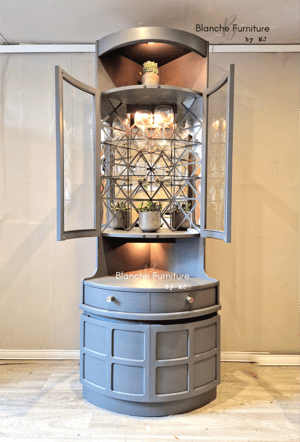 Image of Nathan Corner Drinks Cabinet unit with light in grey - with geometric styled mirrors