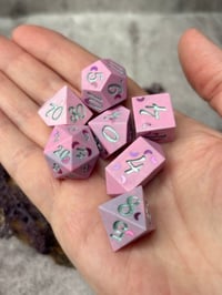Image 5 of Faery Moon Handmade Jesmonite Dice Set | Pastel Pink and Mint Dice 