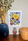 Daisy, Mum, Delphinium, Butterfly Bush, Pansy Wildflower Art 8x10 Shadow Box (202301LS)  