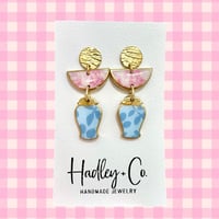 Pink Toile + Blue Ginger Jar Earrings