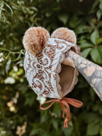 Autumn Lace overlay double pom pom bonnet 